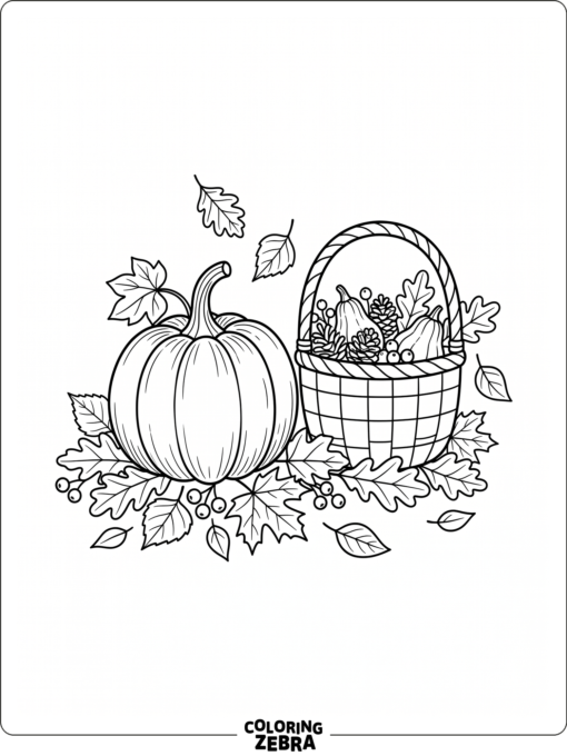 A plump pumpkin surrounded by fall leaves and a basket of apples