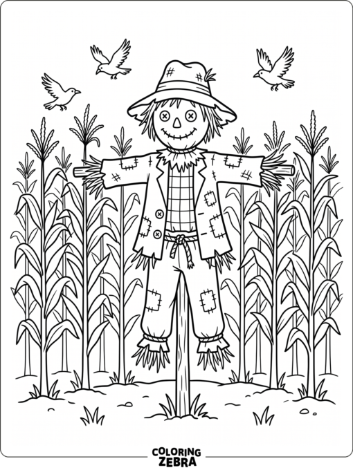 A scarecrow standing in a field with corn stalks and crows