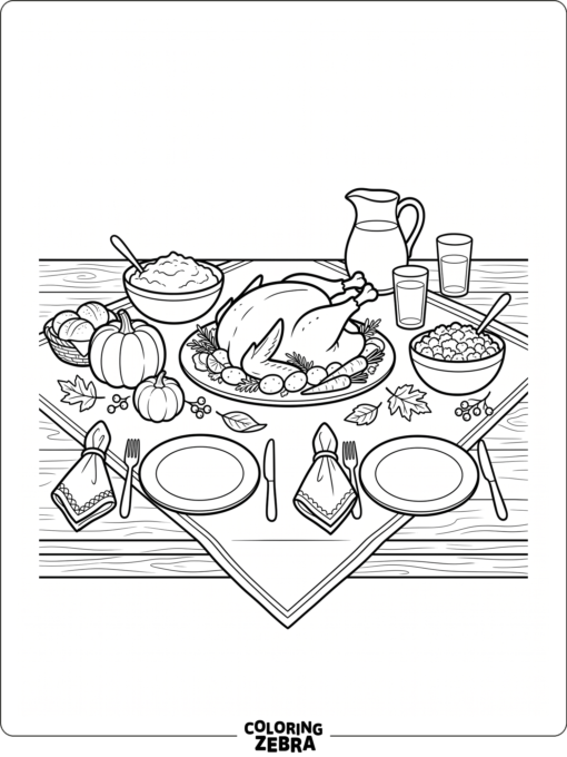 Thanksgiving table with turkey and place settings