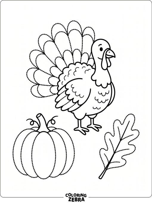 A tracing page with turkey, leaf, and pumpkin outlines