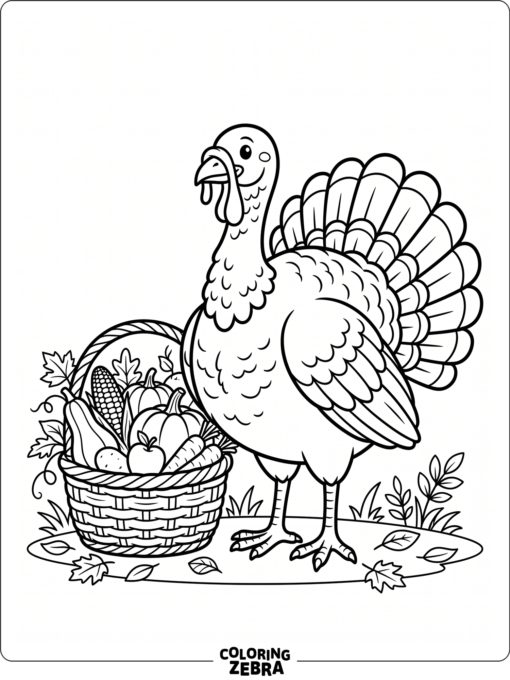 A turkey beside a basket of harvest vegetables
