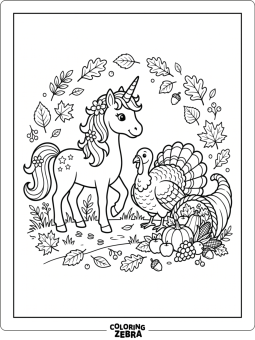 A unicorn with a turkey and autumn harvest items