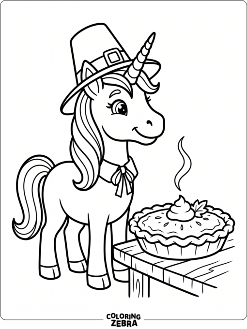 A unicorn in a pilgrim hat next to a pumpkin pie