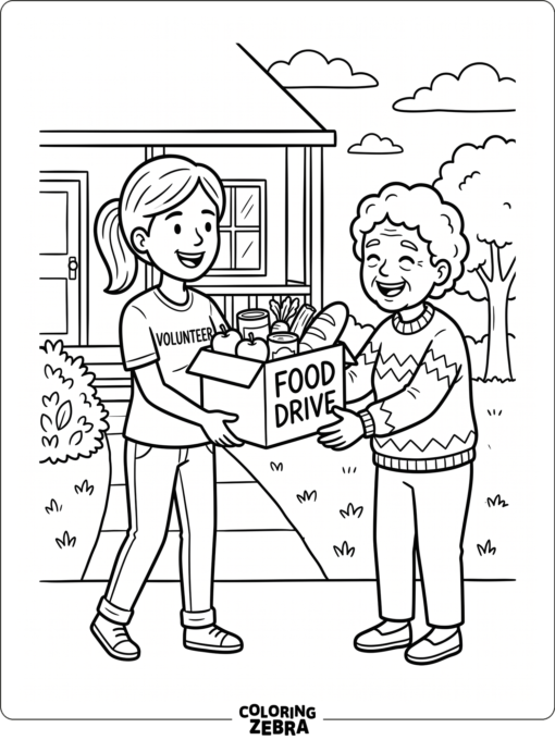 A volunteer handing a food box to a neighbor