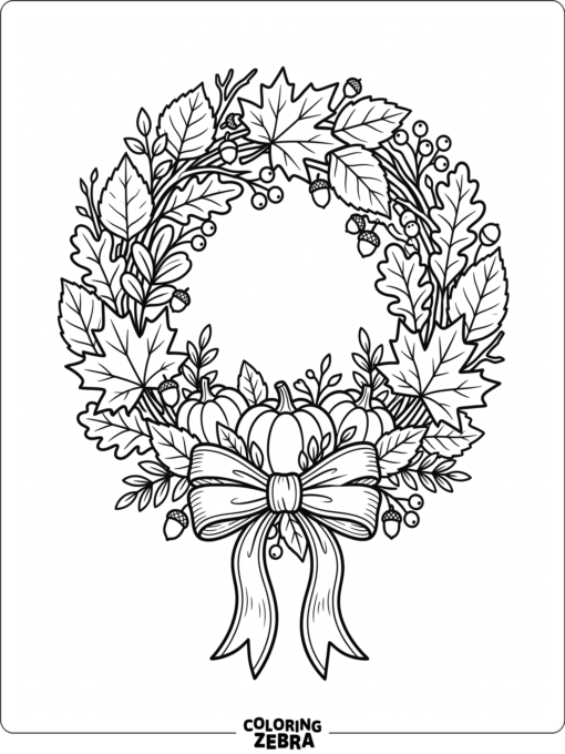 A fall wreath with pumpkins, leaves, and a ribbon bow