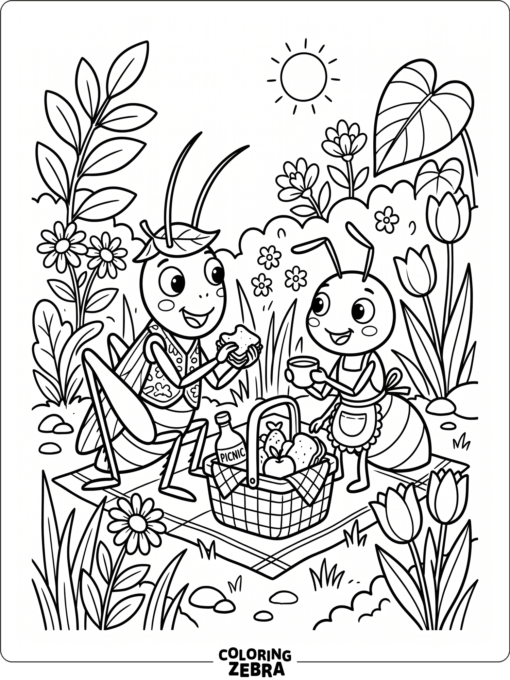 An ant and a grasshopper sharing a picnic basket