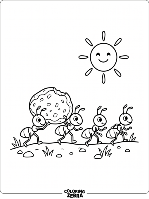 Marching ants carrying a crumb under the sun