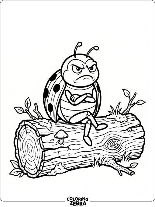 A grouchy ladybug sitting on a log