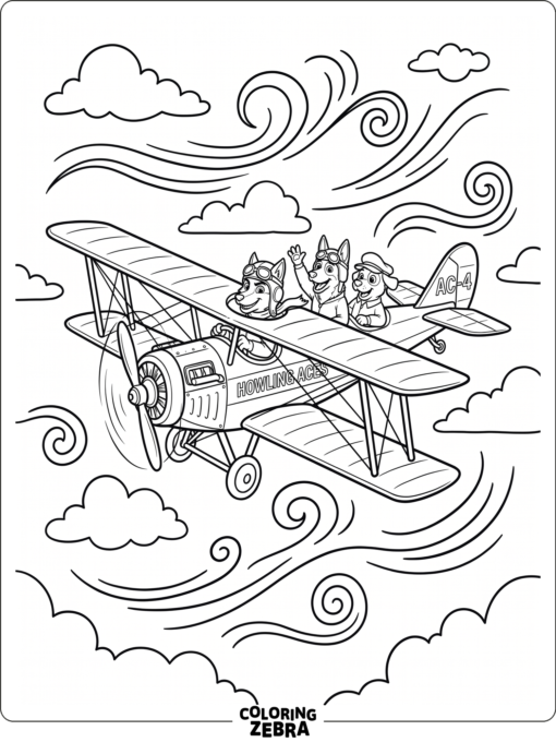 The Howling Aces in a flying biplane