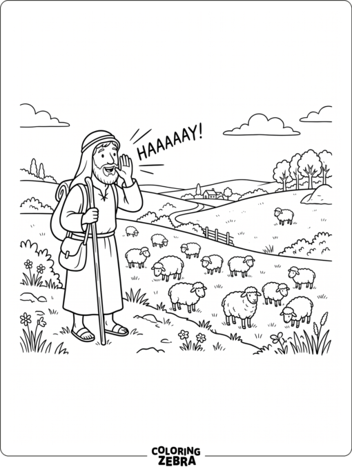 A shepherd searches a field for one lost sheep in a simple scene