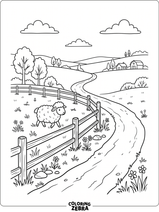 A lost sheep wanders near a fence and a curved path