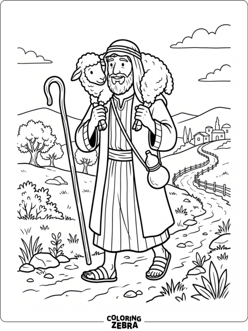 A shepherd carries a lost sheep on his shoulders in a peaceful scene