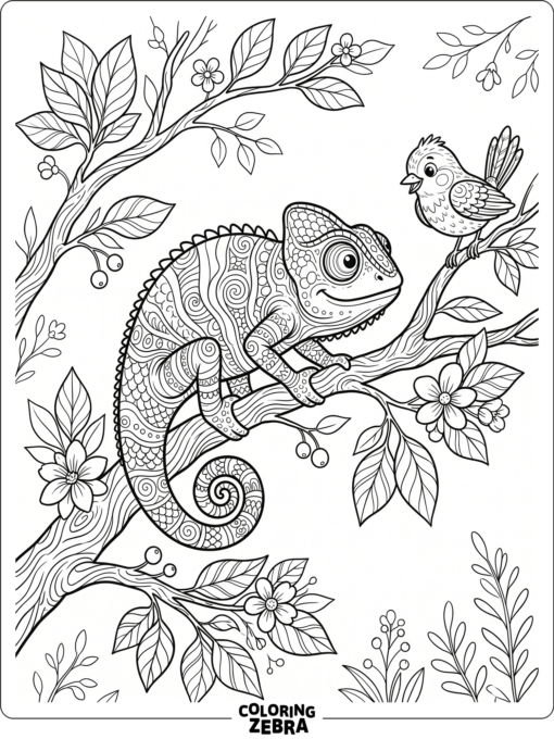 A storybook chameleon with a bird on a branch
