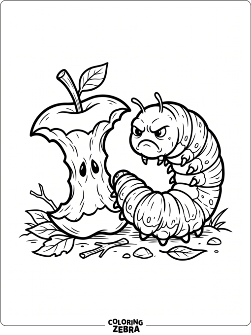A grumpy caterpillar beside an apple core