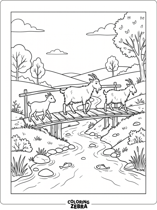 Three goats crossing a bridge over a stream