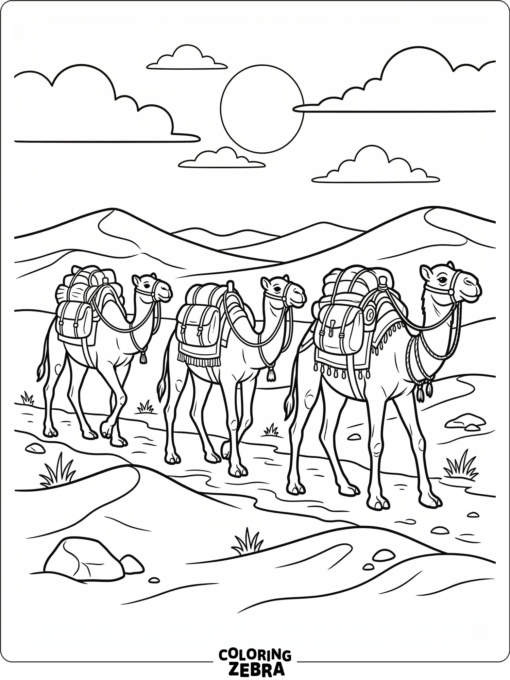 Three camels travel in a line with packs across the desert