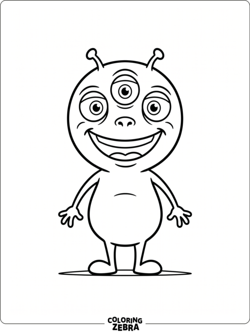 A three-eyed alien with a wide smile