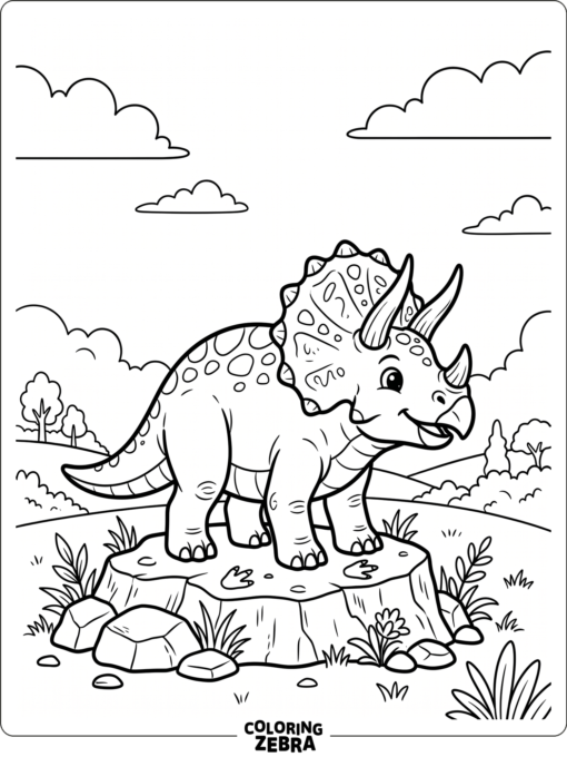 A three-horned dinosaur standing on a rock