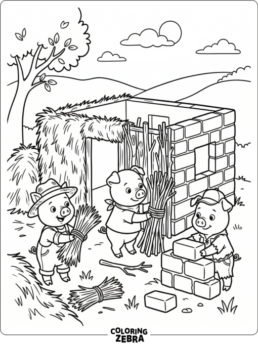 Three piglets building a house with straw and bricks