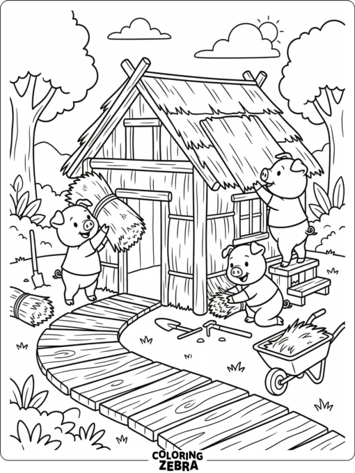 Three piglets building a straw house
