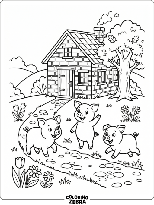 Three piglets standing near a brick house