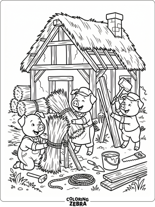 Three pigs building a house with straw and tools