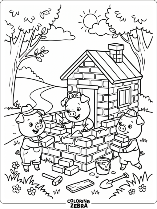 Three pigs building a brick house