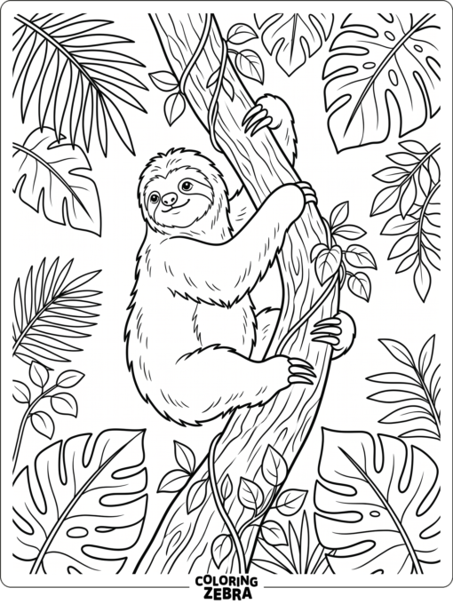 A three-toed sloth climbing a tree trunk
