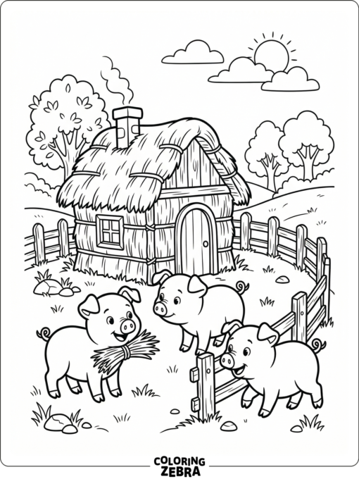 Three young pigs near a straw house