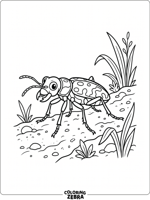 A tiger beetle on a sandy path with grass blades