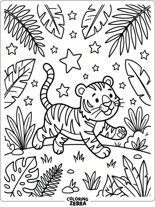 A tiger in a playful pose with stars around it