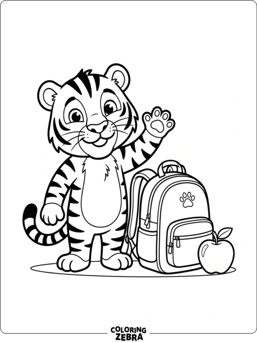 A friendly tiger waving beside a backpack and apple