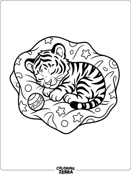 A tiger cub curled up next to a toy ball