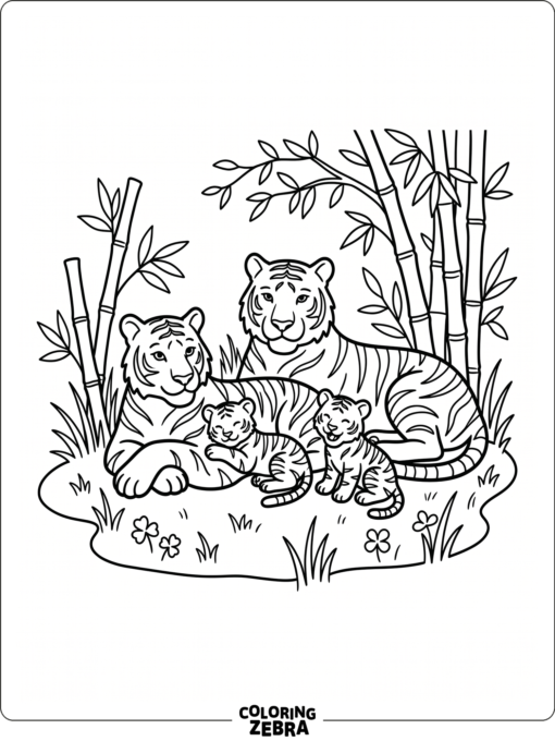A tiger family resting together in a simple grassy scene
