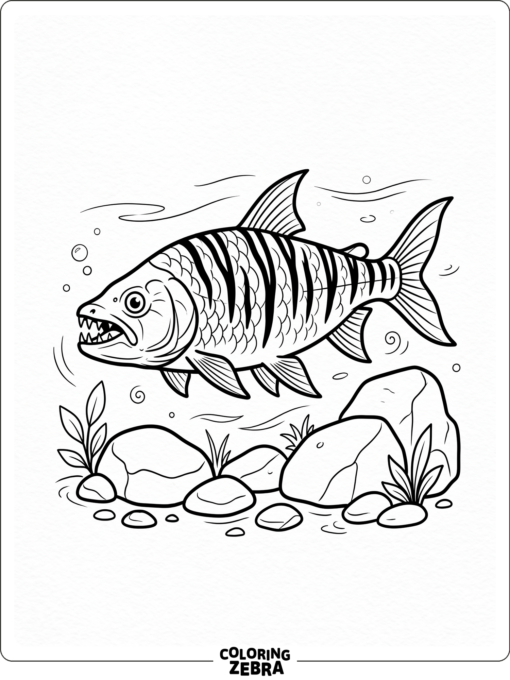 A striped tiger fish near river rocks