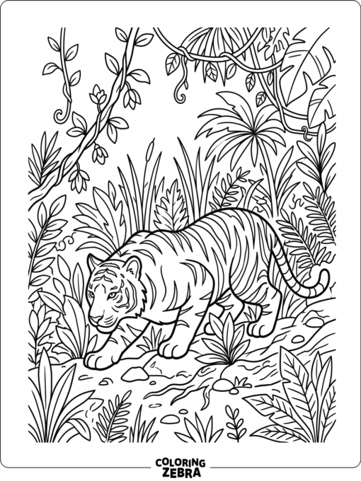 A tiger crouching in jungle leaves