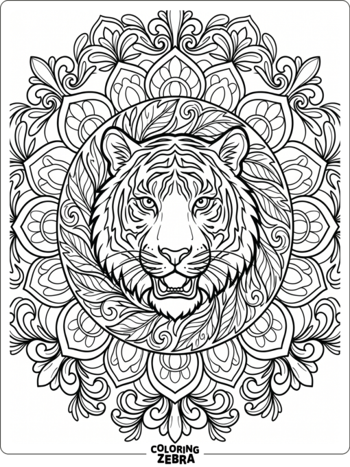 A tiger face framed by mandala patterns