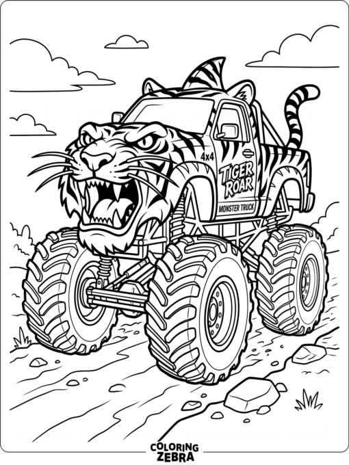 Tiger-striped monster truck with whiskers and a bold grille