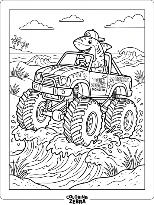 A tiger shark driving a monster truck over waves