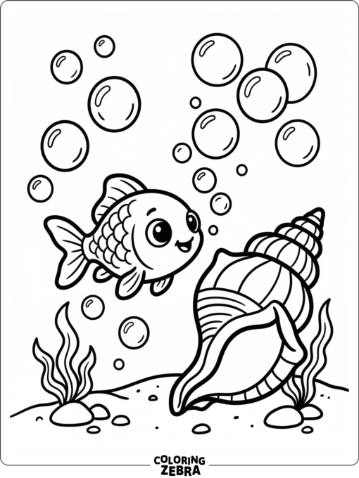 A tiny baby goldfish near a shell