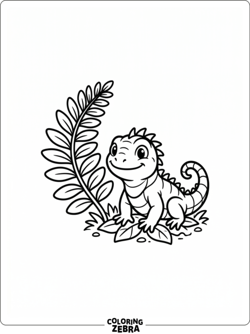 A tiny baby iguana beside a fern frond