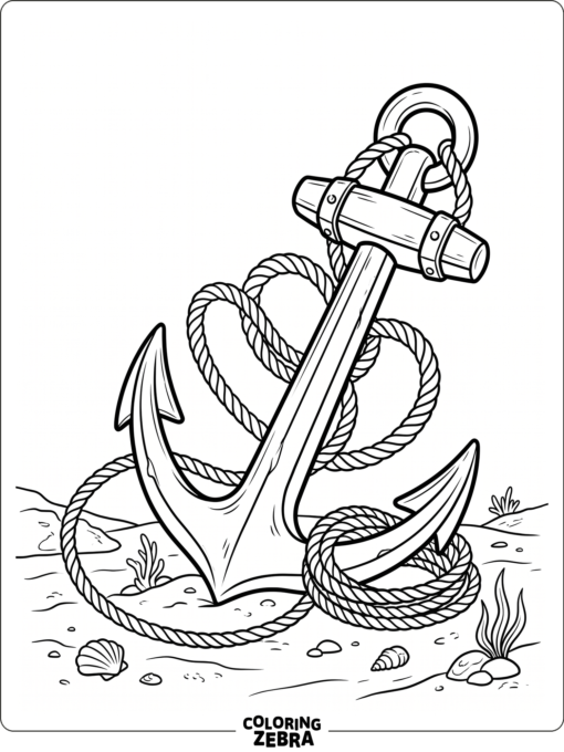 A heavy anchor with rope loops and simple ocean floor lines