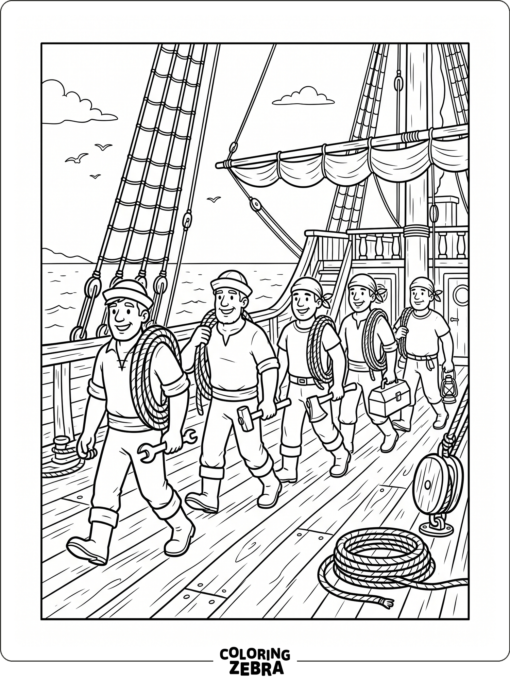 Ship crew carrying ropes and tools on deck