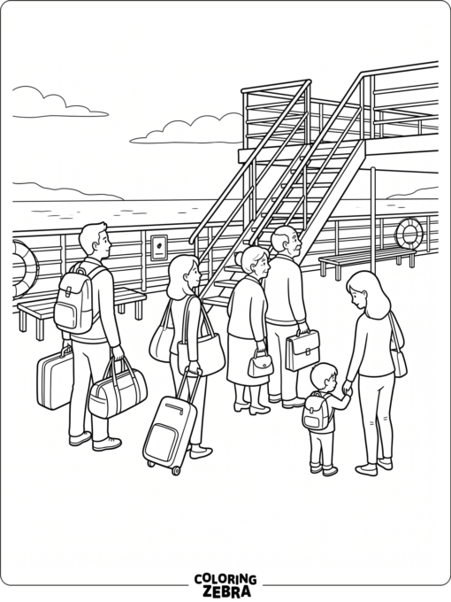 A group of passengers with luggage on the deck
