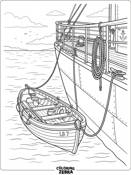 A lifeboat floating beside the ship rails