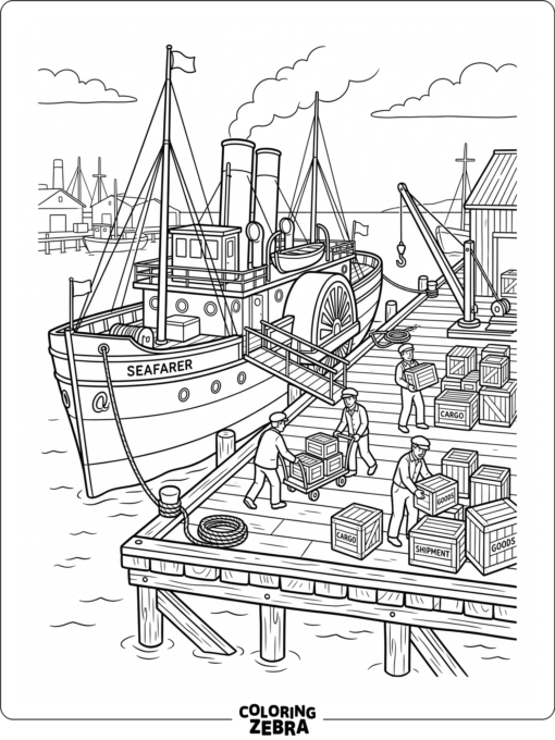 A big steamship is tied beside a dock with crates nearby