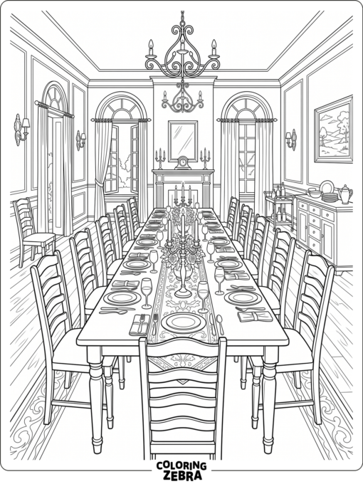 A formal dining room with tables and chairs