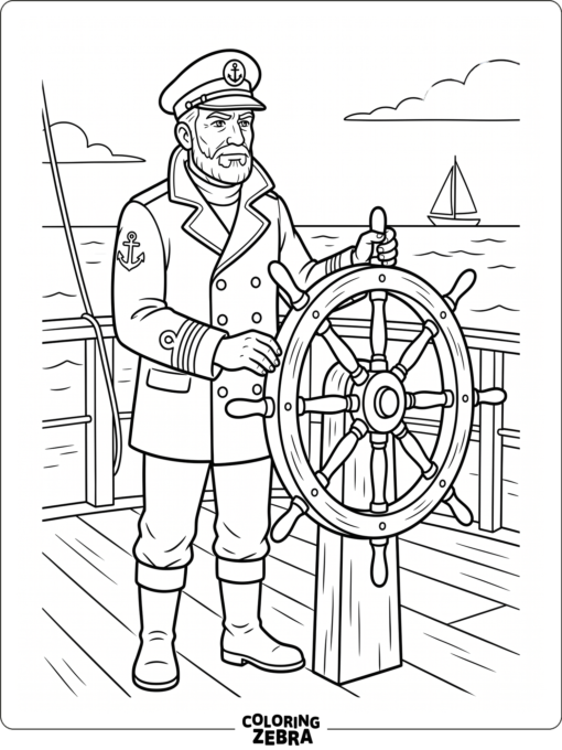A ship captain standing by the wheel