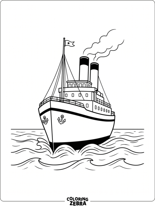 Front view of a ship with a pointed bow and tall funnels
