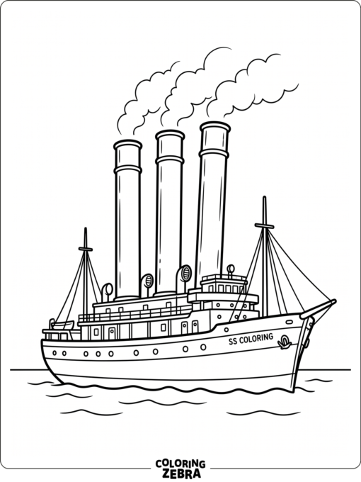 Three tall smokestacks above the ship roof